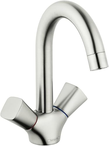 hansgrohe Logis 71222821 - Grifo moderno para lavabo de baño de bajo flujo con 2 manijas y 1 9 pulgadas de alto en níquel cepillado, 71222821