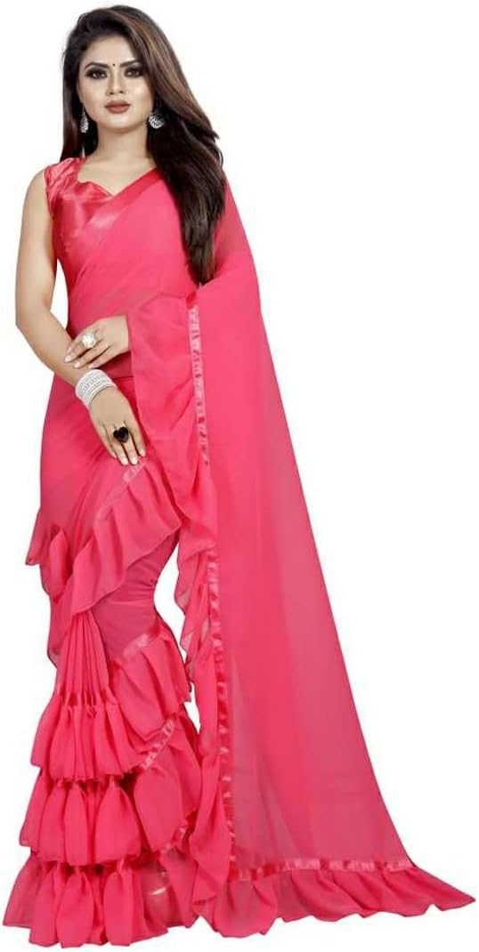 Saree Ruffle Georgette Ethnic Indian Women Party Wear Frill Designer Border Sari (Rani)