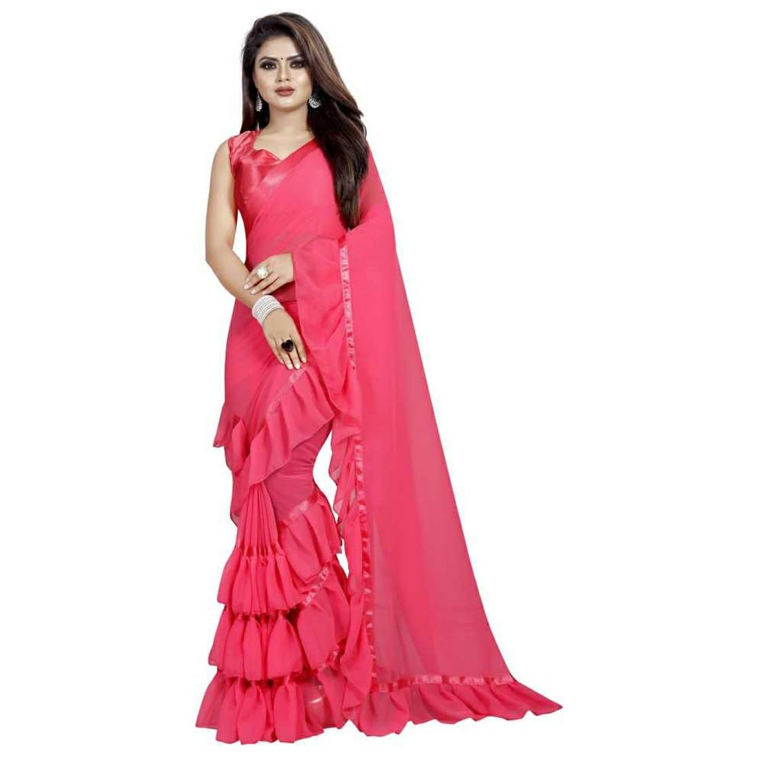 VIBRANCE Saree Ruffle Georgette Ethnic Indian Women Party Wear Frill Designer Border Sari