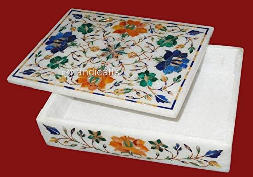 8 x 6 Inches Marble Rectangle Shape Jewelry Box with Royal Look Multicolor Gemstones Inlay Work Trinket Box from Indian Art and Crafts