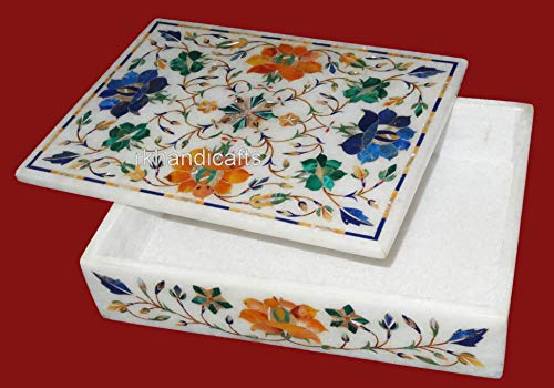 8 X 6 Inches Marble Rectangle Shape Jewelry Box With Royal Look Multicolor Gemstones Inlay Work Trinket Box From Indian Art And Crafts #TOP2