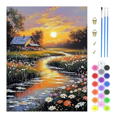TOSTOG Peinture par Numéro Adulte Une mer de fleurs Peinture par Numéros pour Adulte coucher de soleil Paint by Numbers Kit pour Décoration Murale et Cadeaux Pour La...