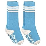 juDanzy 2 Pack Knee High Triple Stripe Sporty Tube Socks for Boys and Girls (Columbia Blue, 6-10 years)