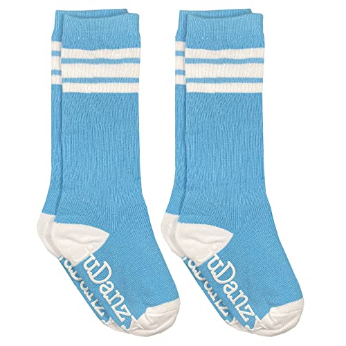 juDanzy 2 Pack Knee High Triple Stripe Sporty Tube Socks for Boys and Girls (Columbia Blue, 6-10 years)