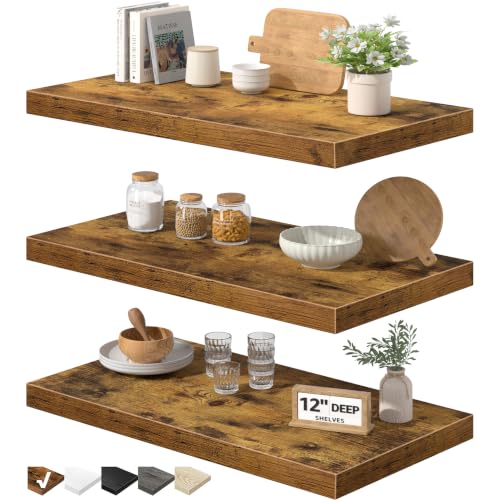 Image of QEEIG 12 inch Deep Floating Shelves for Wall - 12 x 24 inch Book Shelf Bathroom Bedroom Kitchen Living Room Hanging Bookshelf Farmhouse Set of 3, Brown (026-60BN3)