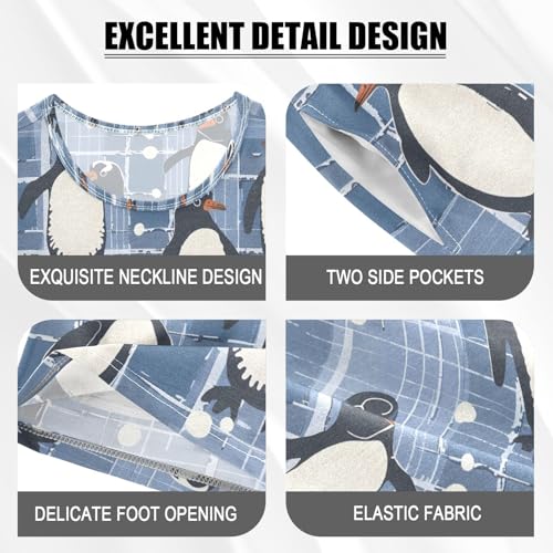 ALAZA Penguin Plaid Christmas Blue Pajamas Set Short Sleeve Cotton Sleepwear Summer Pjs 2 Piece 5-14Y4