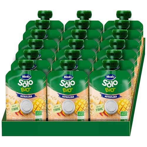 Hero Solo Bio, Frutta e Yogurt 100% Bio, Nutri Flora, Purea di Mango, Avena e Banana con Yogurt, Senza Zuccheri Aggiunti- 18 Confezioni da 100 gr