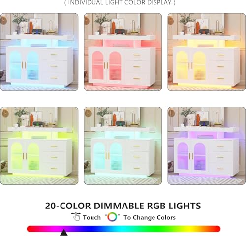 خزانة بوفيه جانبية مع مساحة تخزين من اليفا هوم، 3 ادراج، بابين، جهاز استشعار تلقائي 20 مصباح ملون، طاولة كونسول مع قاعدة شحن، تحكم باللمس للمطبخ وغرفة الطعام (ابيض)