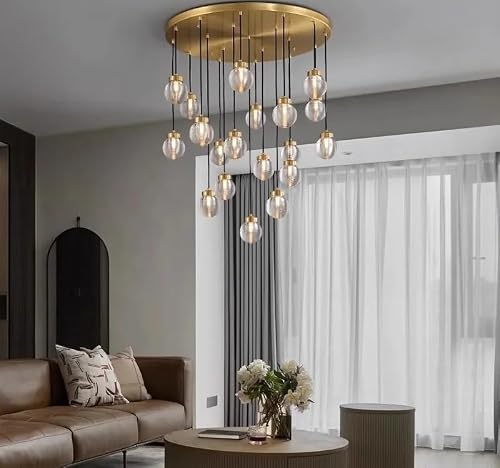 ASerZenith Led Home Decor Chandelier Modern All Copper Glass Pendant Lamp Luxury Dining Room Bedroom Living Ceiling Lightin,Hanging Light,19 Head-Dimming