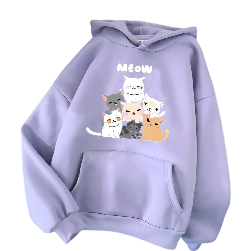 Cute Cat Print Pullover Hoodie, Unisex, Available in Black, Lavender and Beige,Sky Blue-picture-52
