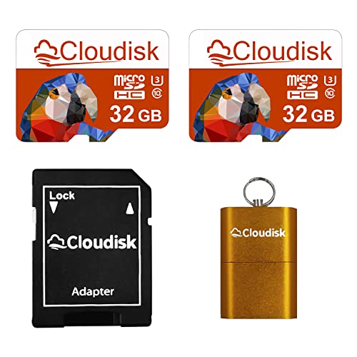 Cloudisk Pack of 2 Parrot-Prime Micro SD Card 32GB Flash Memory Card MicroSDHC with SD Adapter and Card Reader, C10, A2, U3, UHS-I (32GB)