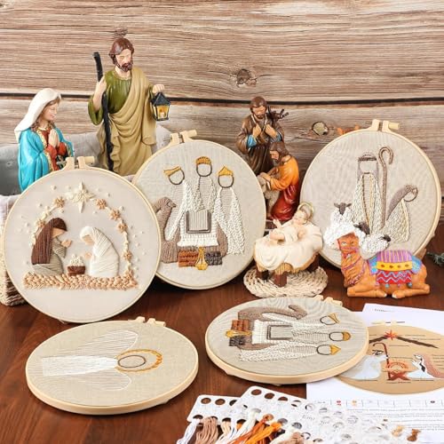 Image of YOUDRN Nativity Scene Embroidery kit,Christmas Cross Stitch Kits,DIY Embroidery Kit for Adults with Pattern,Cotton Threads,Needles,Instruction,20cm Hoop,for Decor Home Room (King)