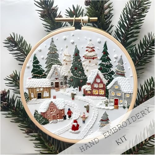 Image of UQRUI Christmas Embroidery Kits for Adults BeginnersEmbroidery Patterns, Ornament Embroidery Kit,Cross Stitch Kits (Villages)