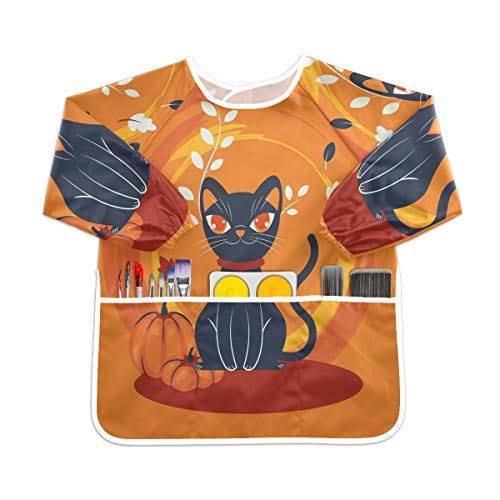 ハロウィン黒猫フラワー幼児の子供のエプロン防水絵画アーティストのよだれかけのスモック、年齢1-6のための子供の芸術のスモック