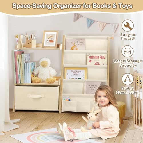 wooshwa Bücherregal Kinder Kinderzimmer Spielzeug Aufbewahrung mit 4 Regalebenen & Aufbewahrungsbox, Kinderregal Kinder Bücherregal für Regal kinderzimmer Spielzeug-Organizer - Beige
