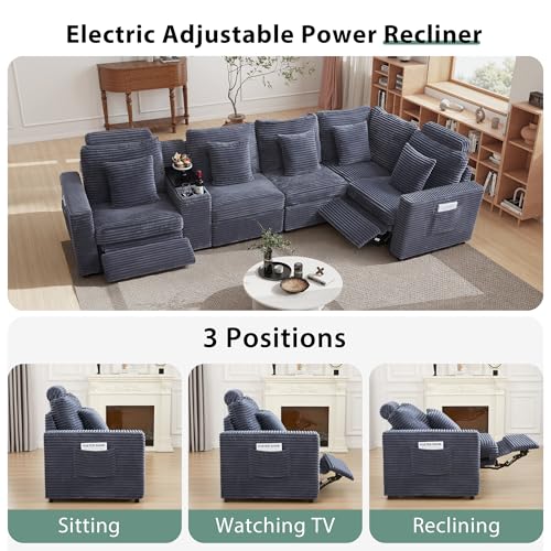 Image of RARZOE Oversized Modular Sectional Sofa with 2 Power Recliner, 5-Seater L-Shaped Corduroy Reclining Couch with Storage Console Charging Cup Holders, Fluffy Reclining Couches for Living Room,Grey