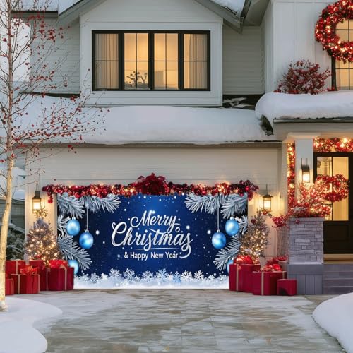 IVN Christmas Garage Door Cover Decoration 13x6ft Blue Night Snowflakes Silver Ornaments Pine Branches Merry Christmas Winter Garage Door Banner Home Door Front Yard Decor for Xmas Eve Holiday Outdoor by IVN - Used condition - Image 4