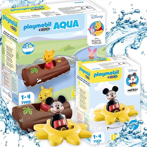 Playmobil 71415 1.2.3 & Disney: Winnies & Ferkels Wasserabenteuer Spielset – für Babys und Kleinkinder, inkl. Boot und Wasserbahn + Playmobil 71321 1.2.3 & Disney: Mickys Drehsonne mit Rasselfunktion