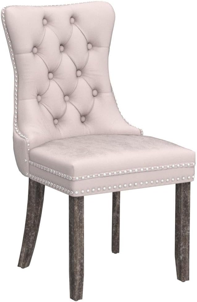 KCC Velvet Dining Chairs Set of 4, Upholstered High-end Tufted Dining Room Chair with Nailhead Back Ring Pull Trim Solid Wood Legs, Nikki Collection Modern Style for Kitchen, Beige