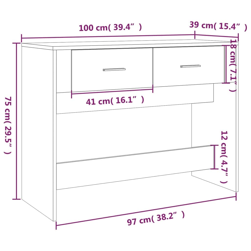 Tavolo consolle grigio Sonoma, in legno, 100 x 39 x 75 cm, con 2 cassetti, ripiano per corridoio, soggiorno, ufficio, casa, decorazione per laptop, gaming