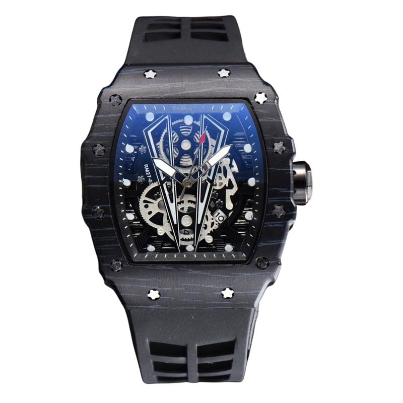 Image of Richard Hot-Selling Colorful Wood Grain Bull Style Barrel-Shaped Fashion Watch - Large Dial Pointer, Stainless Steel, PU Strap, Alloy Case, Black Color