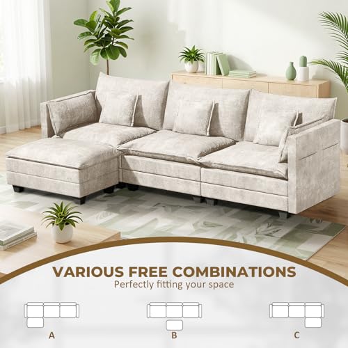 Image of LEVELEVE 112.5 inch L-Shape Modular Sofa with 1 Ottomans, Deep Seat Cloud Convertible Sleeper, 3 Throw 2 Arm Pillows, Comfortable Upholstered Furniture for Living Room Apartment, Beige