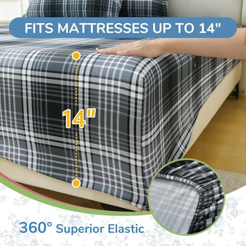 Image of MUXHOMO Full Size 4 Piece Sheet Set, Soft Breathable Bed Sheet Set for Bedroom with Deep Pocket Up to 16 inch, Wrinkle-Free & Cooling Bedding for Oeko-TEX Certified - Black /White Plaid