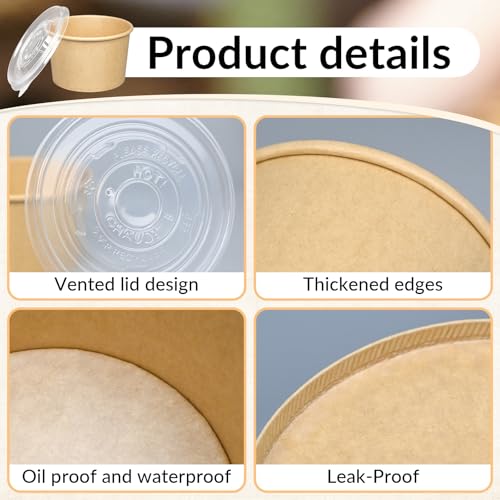 Image of ESSENTIAL 50 Pcs 16oz Paper Ice Cream Cups with Lids | Disposable Soup Bowls with Lids for Hot or Cold Food, Paper Snack Containers for Sundae, Frozen Yogurt, Soup (Brown)