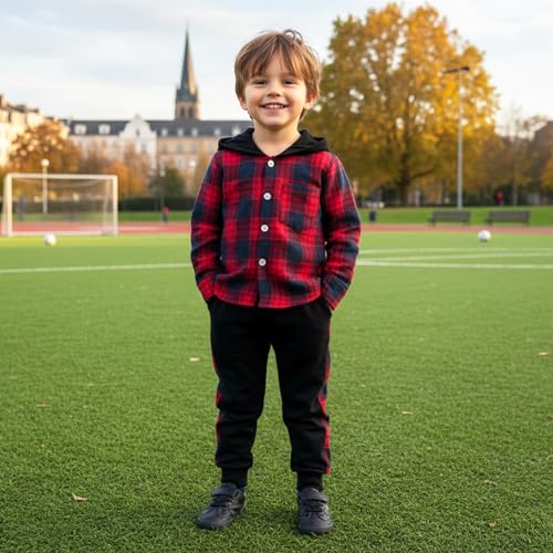 Image of FOCUTEBB Toddler Baby Boys Clothes Plaid Shirt Tops Hoodied Long Sleeve Sweatsuit Pants Fall Winter Outfits 12M-6T
