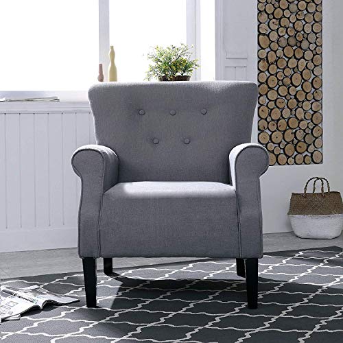 LOKATSE HOME Modern Classic Accent Fabric Arm Chair, Linen Upholstered Single Sofa with Solid Wood Legs for Living Room, Bedroom, Club, 29.3\"x28.7\"x39.6\", Grey - Thumbnail 7