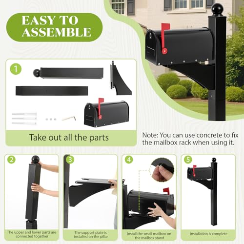 Colingmill Black 1 Set Iron Mailbox Posts with Mailbox for Outside Ground Mounting Post 56 Inch Tall Heavy Duty Architectural Stand for Outdoor Use