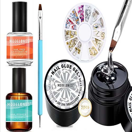 modelones Gel Nail Polish Primer, 15ml Acid Free Natural Nail Prep Dehydrate & Bond Primer, 5mlÃ2 Nail Rhinestone Glue Gel with Nail Charms and Dual-Use Nail Art Brush