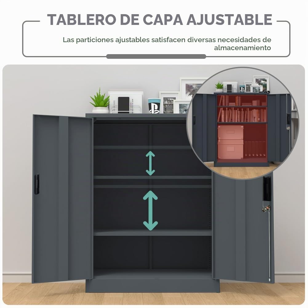Armario de metal con cerradura y 2 estantes ajustables (90x80x40cm) - Armario de acero para oficina, garaje y hogar | Capacidad de carga de 50 kg por estante (Gris oscuro, 90x80x40cm)
