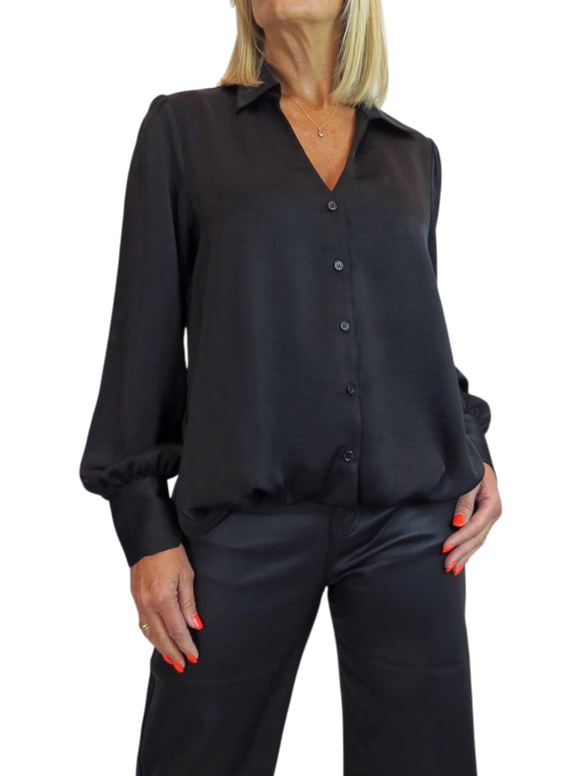 Paulo Due Chemisier Satin Femme Manches Longues Boutonné Col V Élégant Haut Fluide Léger Bureau Chic