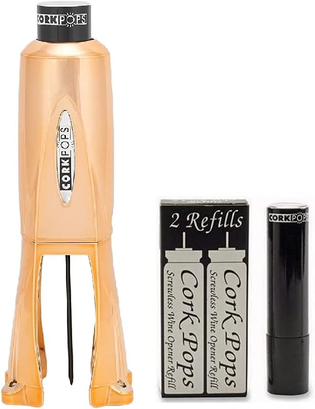 Cork Pops Legacy Wine Opener w/ 3 Refill Cartridges Built-in 4-Blade Foil Cutter Safe Cork Removal, Effortless Push Button Use, Needle Guard for Safety, Low-Pressure Cartridge Opens Up To 60 Bottles