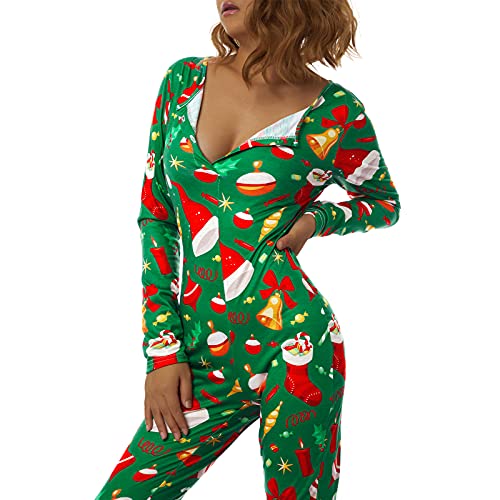 Dames Kerstmis Eendelige Jumpsuits Bodycon Slim Button Down Rits Lange Mouwen Rompers Nachtkleding Bodysuit, C Groen, S - Afbeelding 4