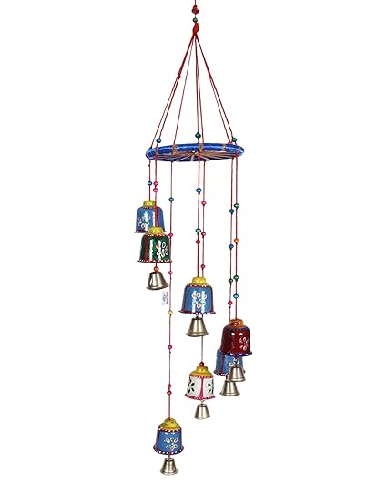Heart Home Handcrafted Wall Hanging Bells with Ring|Traditional Rajasthani Hand Painted Bells for Home Decoration (Multicolor)