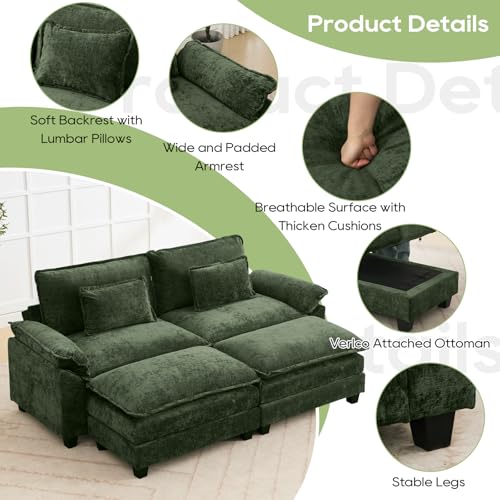 Image of Oprisen 86 inch Modular Sectional Sofa, Comfy Cloud Couch Sectional Sofa with Ottoman, Chenille Sofa Sleeper Deep Seat Sofa with Throw Pillows for Living Room (Green)