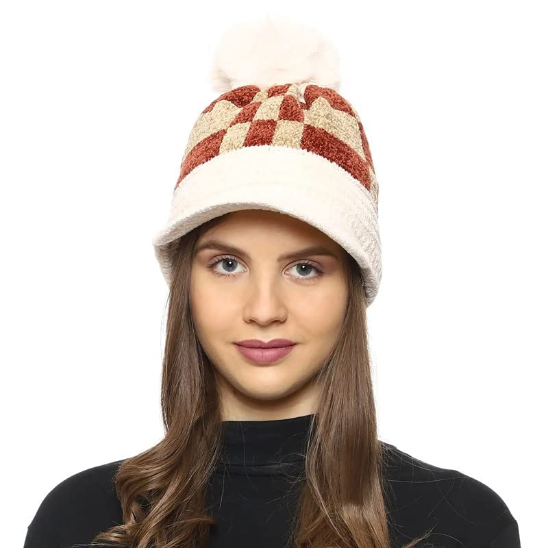 Autumn and Winter Women Desinger Checkered Soft Warm Snow Proof Pom Pom Cap with Visor (Inside Fur) Woolen Beanie Cap Beige Color-image-20