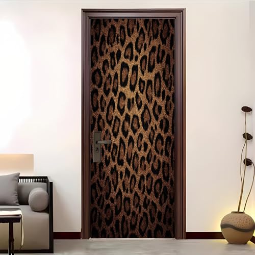 Autoadhesivo Pegatinas Para Puertas 3d 83x204 cm Textura De Leopardo Animal Pegatina Para Puertas Vinilo Impermeable Amarillo Parduzco Papel Pintado Decorativo ExtraíBle Para Dormitorio