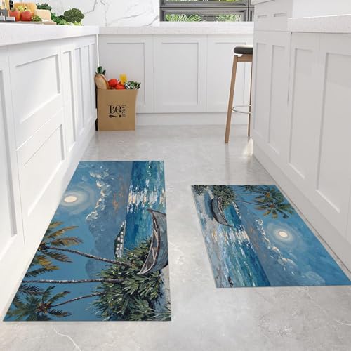 Tapis de cuisine antidérapants pleine lune plage lot de 2