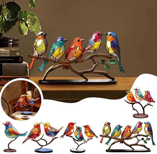 AUNMAS Vibrant Stained Birds On Branch Desktop Ornaments, Metal Table Art Bird Figurines, Home Decor for Bird Lovers, Fade, 5 Birds Set - Image 3