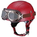 Woljay Vintage Leather Motorcycle Retro Half Helmet Men Women Adult for Scooter Bike Cruiser with Goggles and Drop Down Sun Lens (X-Large, Red)