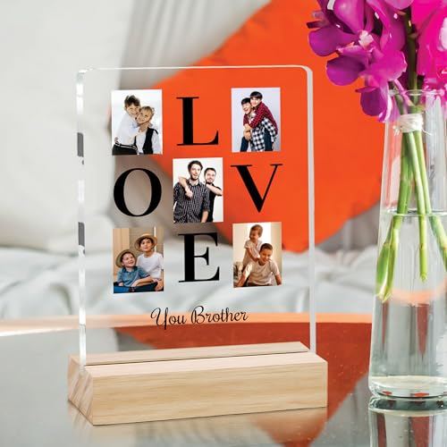 Image of Giftplease Customized Photo And Text Frame With Wooden Stand | Personalised Printed Photo Frame | Gift For Brother | Birthday | (Transparent, 5MM, 6 * 8 Inches), Tabletop BG 12