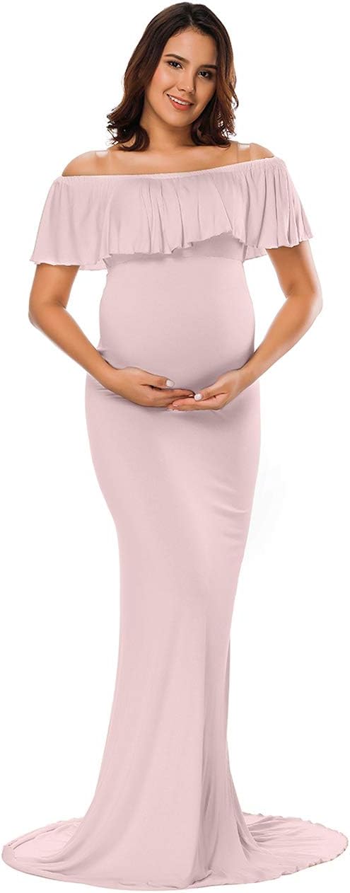 Women's Off Shoulder Ruffle Maternity Dress Elegant Fitted Gown Maxi Photography Dress for Baby Shower