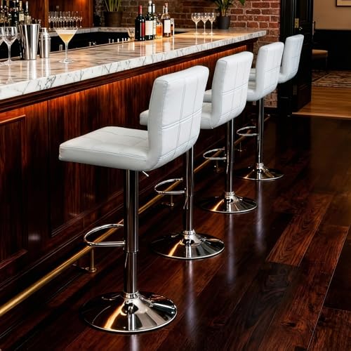 Image of ZENY X-Large Bar Stools - Counter Chairs Adjustable Counter Height Swivel Barstools Set of 4, Square PU Leather Kitchen Counter Height Bar Stools, Kitchen Island Chairs,White