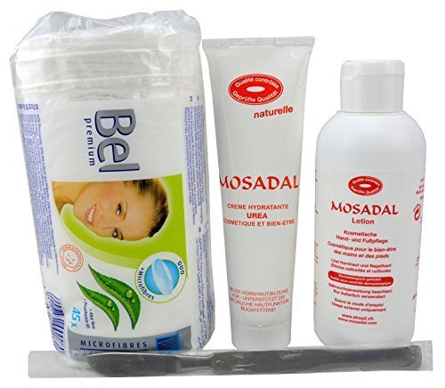 MOSADAL Kit n° 3 - Kit de soin cosmétique 4 en 1 pour les mains et les pieds - Lotion Mosadal 250 ml - Crème hydratante à l'urée 100 ml - Ouate cosmétique 25 g - Grattoir à callosités en acier chirurgical Cover
