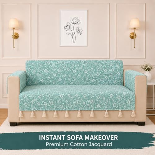 Image of STITCHNEST 'Verdant Phool Stories' 2 Seater Sofa Cover | Full Coverage with Armrest Pockets | Elegant Jacquard Fabric, Decorative Tassels, Washable & Durable for Modern Living
