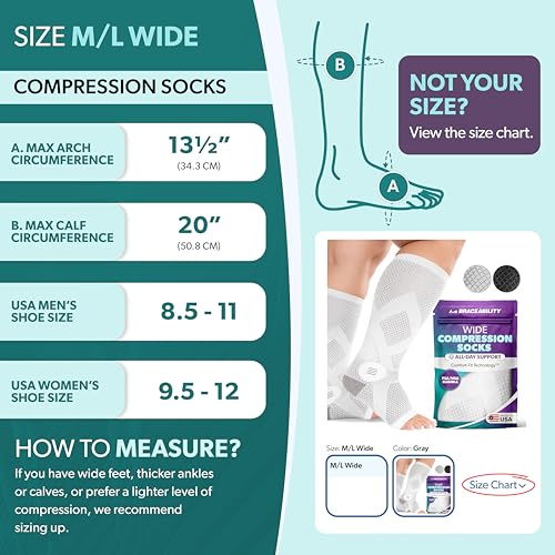 Image of BraceAbility Wide Calf Compression Socks - 20-30 mmHg Open Toe Stockings for Men or Women - Extra Wide Knee High Support for Varicose Veins, Swelling, Neuropathy, RLS - 1 Pair (M /L WIDE - Gray)