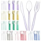 Kifmurase 306 Pieces Glitter Plastic Silverware Set, Colorful Disposable Clear Plastic Cutlery Flatware with 51 Forks 51 Spoons 51 Knives for Party Birthday Dinnerware Supplies